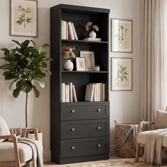 Black 1 80" Freestanding Engineered Wood Bookcase with 3 Drawers and Open Shelves