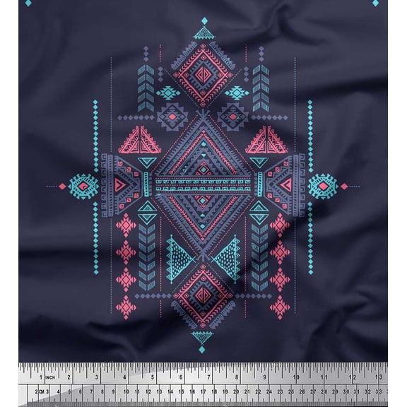 Soimoi Crepe Silk Fabric Aztec Kilim Print Fabric by Yard 42 Inch Wide