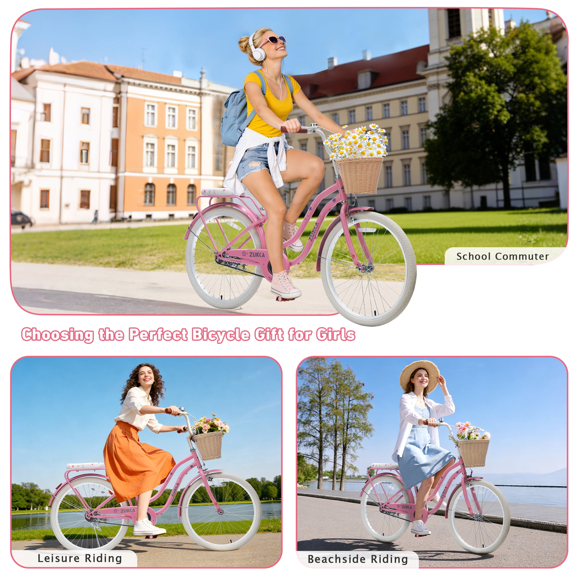 Aukfa 24" Retro Beach Cruiser Bike for Women & Girls, Single Speed City Commuter Bicycle with Basket & Rear Rack,Pink