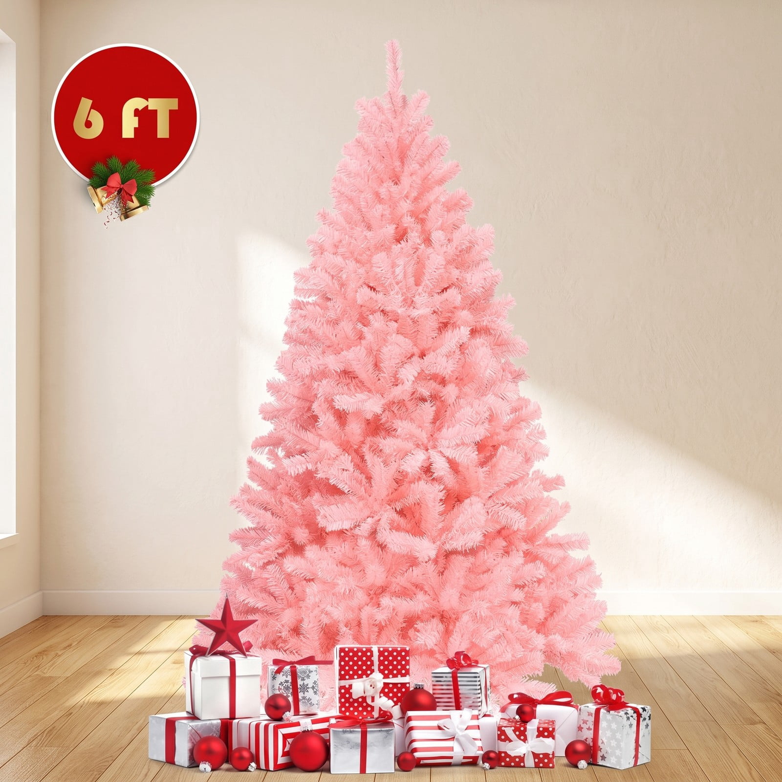 RUIE 6 FT Pink Artificial Christmas Tree, Hinged Full Spruce Xmas Tree with 1036 Tips and Foldable Metal Stand for Holiday Home Party Decoration, Cherry Blossom Pink