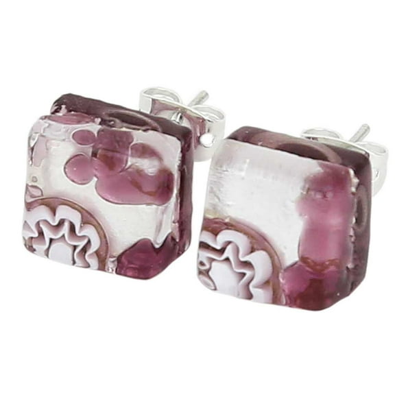 GlassOfVenice Murano Glass Venetian Reflections Square Stud Earrings - Purple Silver