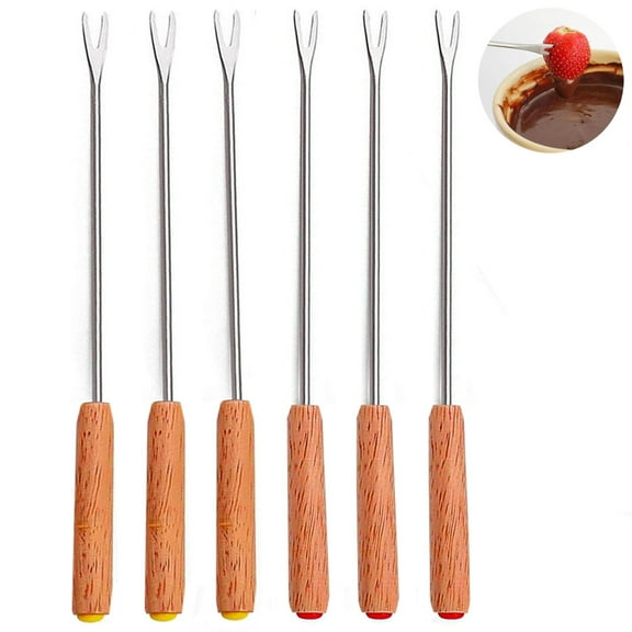 6 Pc Fondue Forks Steel 9.5" Wooden Handle Dipping Marshmallow Roasting Utensils