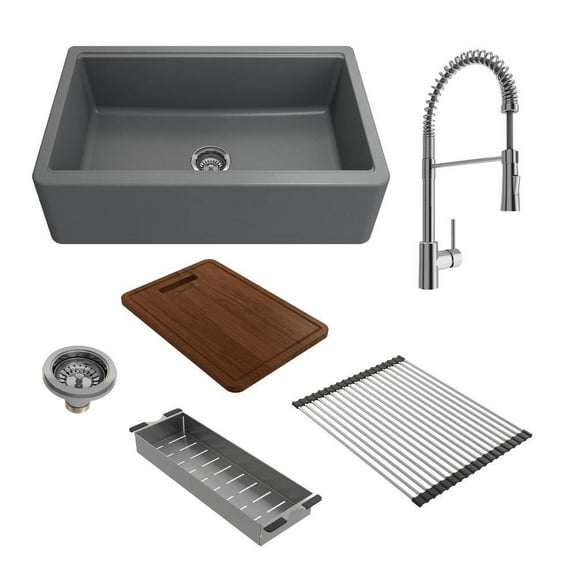 BOCCHI 1600-506-2020CH Apron-Front 33" 1 Bowl Granite Composite Kitchen Sink Kit