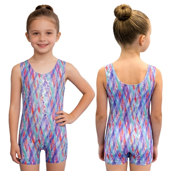 Haitryli Girls Dance Gymnastics Leotard Sleeveless Striped Print Bodysuit for Ballet Practice Training Competition A 10-11