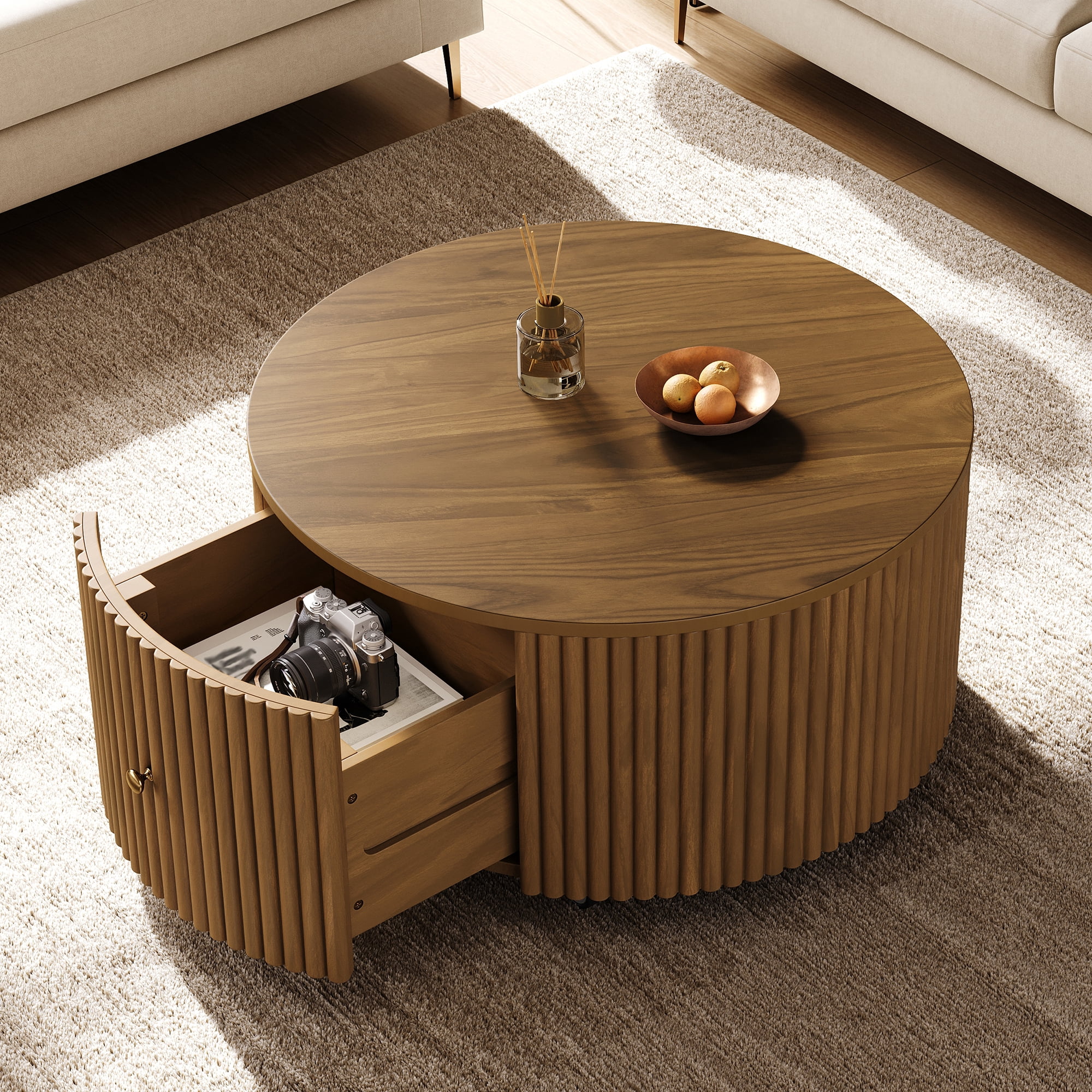 Garitin Coffee Table and Round Fluted Drum Pedestal 30.3 Inch, Mid Century Modern Center Table with Hidden Drawers and Rolling Casters for Living Room, Walnut