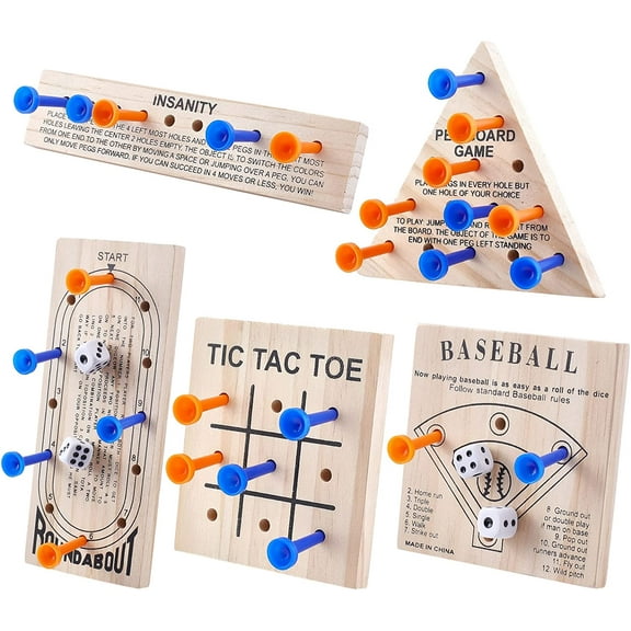 Wooden Peg Games Assortment Kit Wooden Board Game Set Including 5 Style Wooden Game Board and Plastic Pieces and Dice Puzzle Brain Games Set for DIY