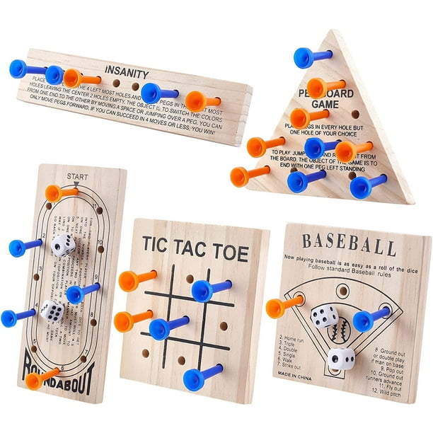 Juego de mesa de madera surtido con 5 tableros de madera de diferentes estilos, piezas de plástico y dados. Incluye juego de ingenio y rompecabezas.
