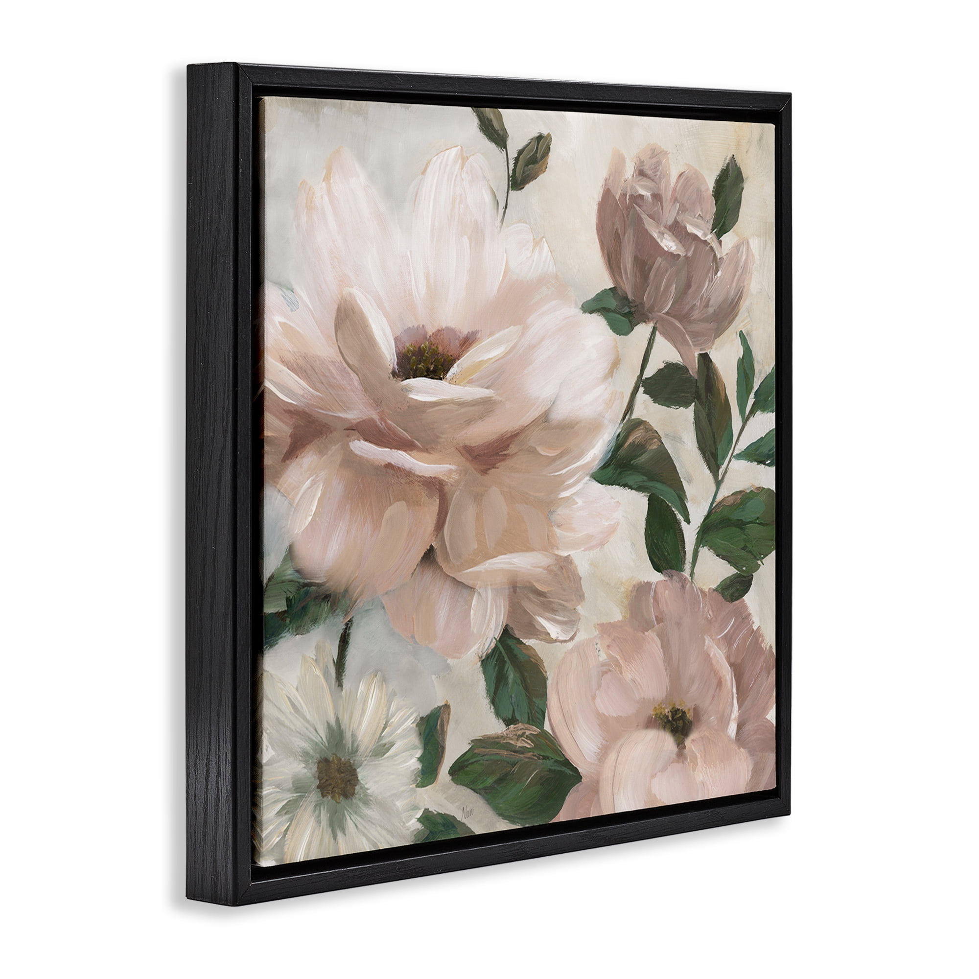 Stupell Industries Budding Blush Peonies & Leaves Black Framed Floater Canvas Wall Art, design by Nan