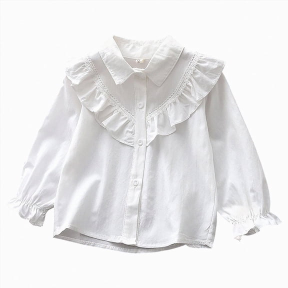 CAUYDY Kids Girls Long Sleeve Ruffle School Uniform Button Down Shirts Western Blouse Tops Fall Silver Sizes 7-8 Years