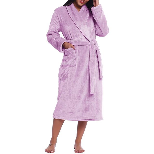 Women Plush Fleece Robe Long Warm Bathrobe Shawl Collar/Hood