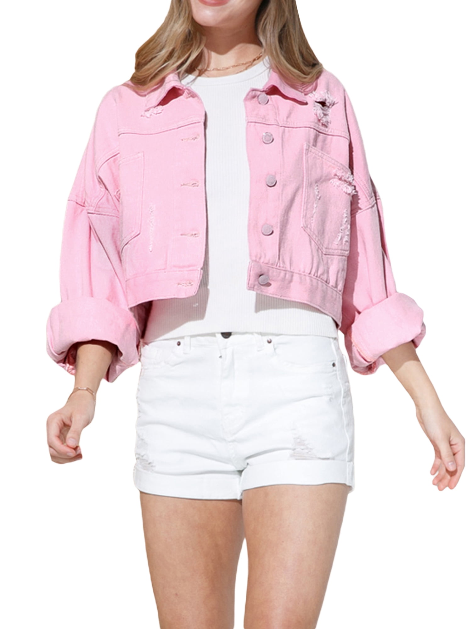 Kmbangi Women Jacket with Rhinestone Tassel Casual Button down Ripped Denim Crop Jean Jacket Spring Fall Outwear