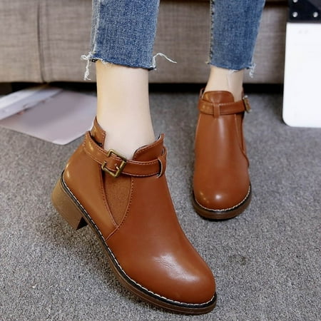 

ERTUTUYI Fashion Autumn Women Ankle Boots Round Toe Low Heel Buckle Solid Color Casual Simple Style Brown 39