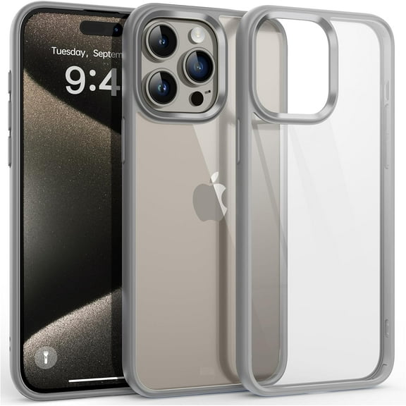 Shockproof Clear Case for iPhone 15 Pro Max, [Not Yellowing] [10FT Military Drop Protection] Hard Clear Back Silicone Edge Four Corner Airbags Drop Protection Phone Cover, 6.7 inch, Grey