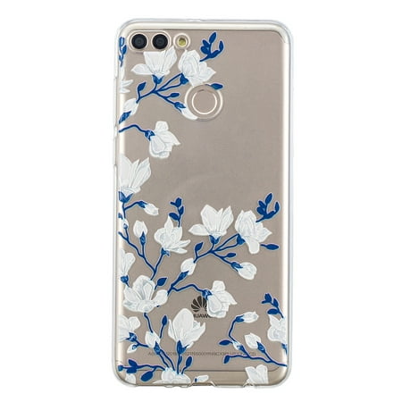 Embossed Phone Cover Exquisite Anti-Fall Anti-Scratch Phone Case Translucent TPU Phone Shell for HUAWEI Y9 2018 (Magnolia)