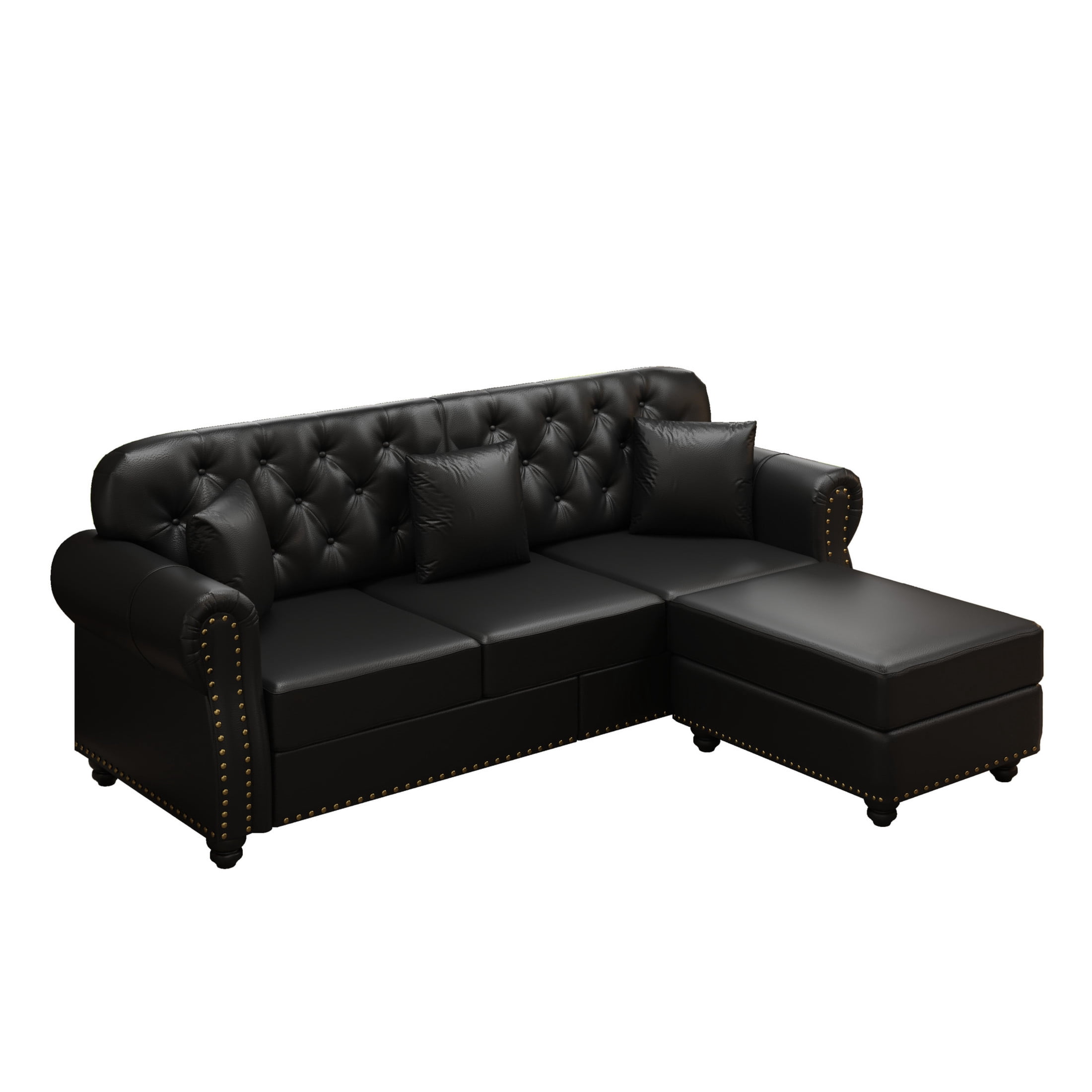Noble House 82.6" Upholstered Faux Leather Chesterfield Sofa, Button Tufted Couch with Pillows and Nailheads, Black