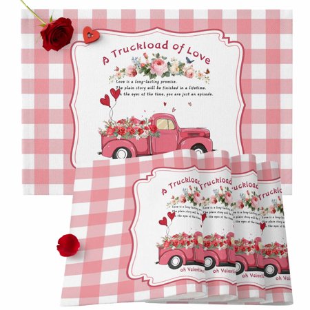 Valentine s Day Placemats Set of 4 Pink Rose Truck Place Mats Heart Balloons Buffalo Check Plaid Tablemats Placemat Table Decoration for Kitchen Table Dinner Wedding Party Home Decor 13x19 Inch