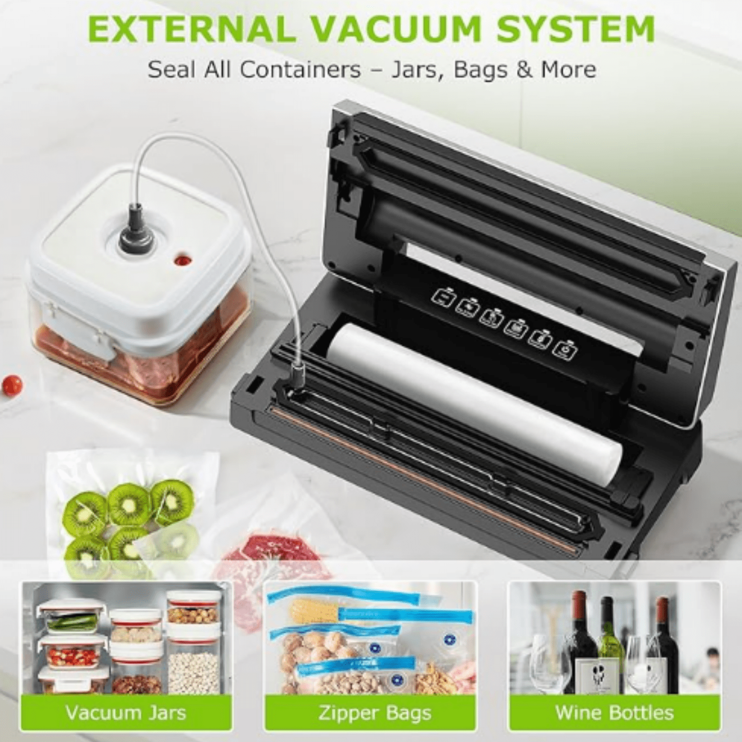 Food Vacuum Sealer Machine with External Vac Function, Built-in Cutter & Bag Storage, 5 Modes for Various Food Types, Includes 10 Bags & 1 Roll (Silver)