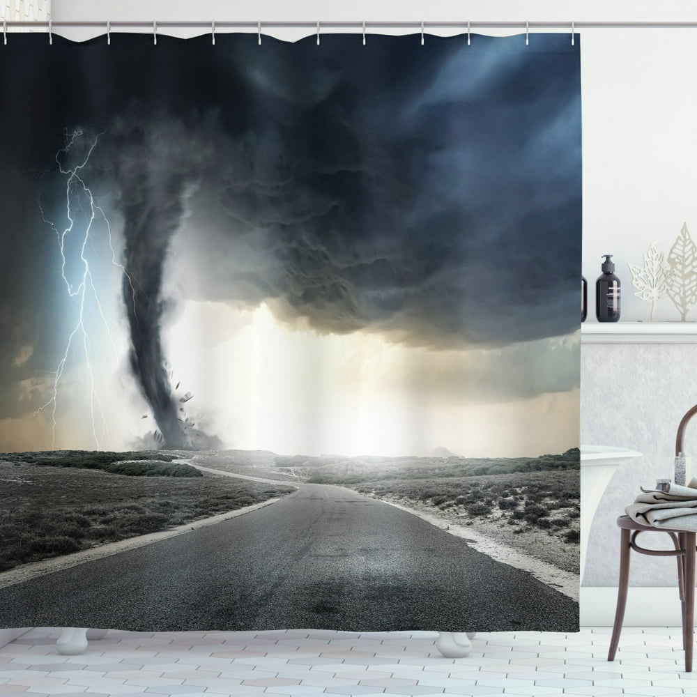 Lake House Decor Shower Curtain Set, Black Tornado Funnel Gas And