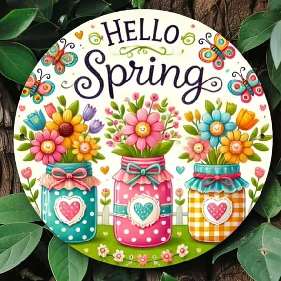 HELLOYOUNG Hello Spring Metal Sign Vintage Floral Pink Wall Art Decor for Home Office Modern Farmhouse