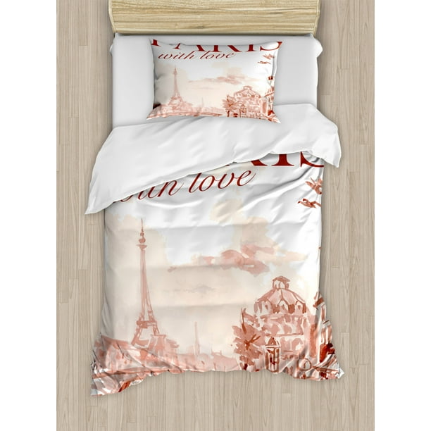 Paris Duvet Cover Set, Vintage Watercolor Style Paris Illustration with