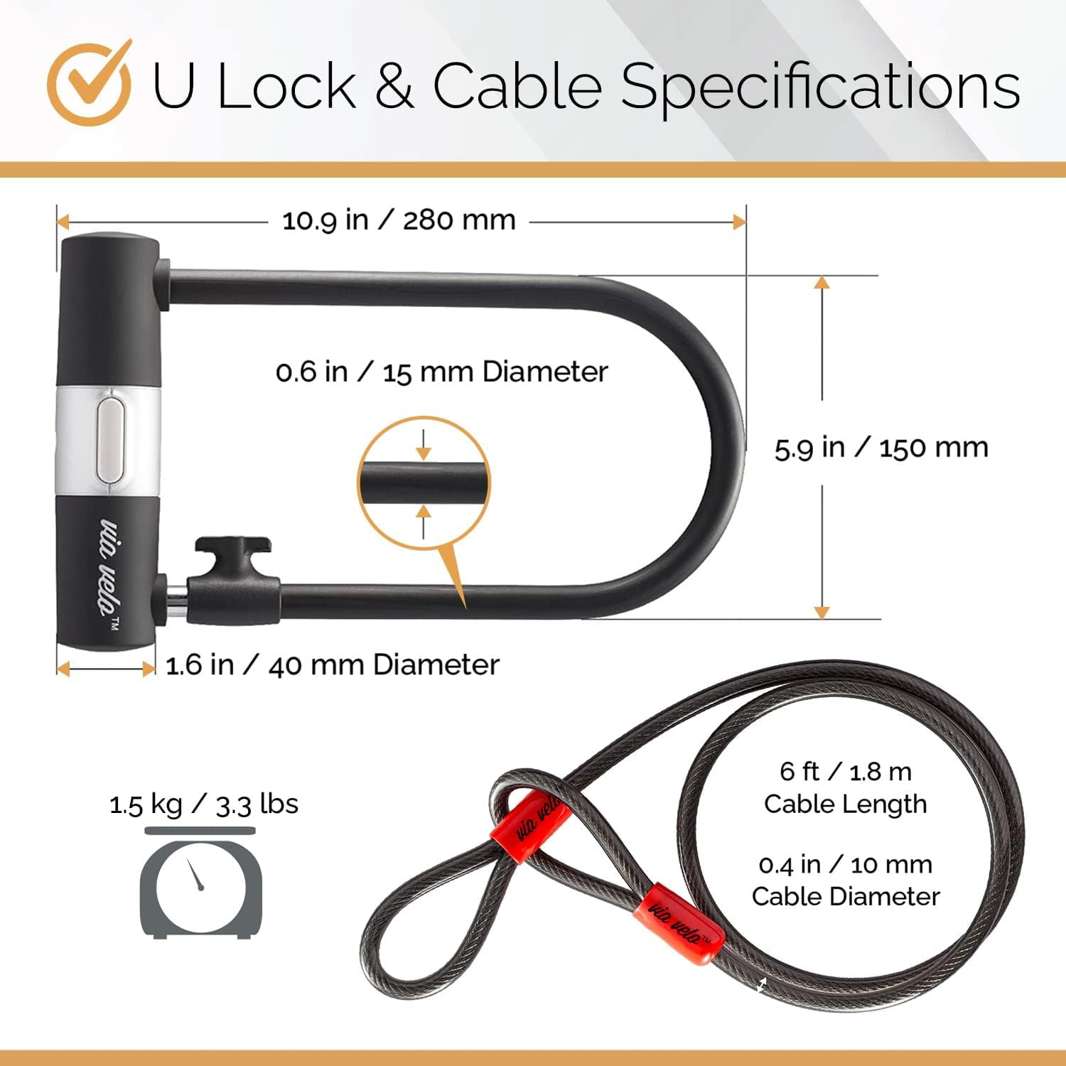 Via Velo Folding Bike Lock Set 3-in-1 Heavy-Duty Bike Lock with Bike Cable & Same Key System