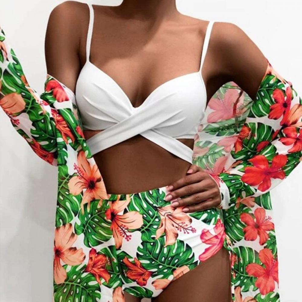 Alvage Women 3 Piece High Waisted Swimsuit with Cover Ups Printed Bikini Bathing Suits Floral Triangle High Waist Bikini - image 1 of 12