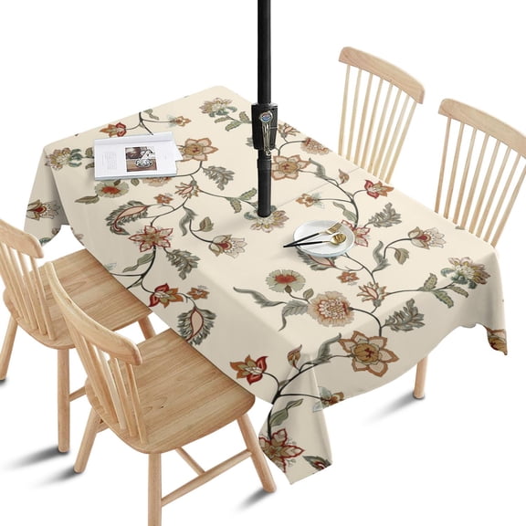 Outdoor Waterproof Tablecloth with Umbrella Hole and Zipper,Boho Style Vintage Rectangle Reusable Durable Decor Table Cover for Party Picnic Patio 60×84 Inch