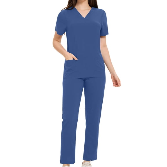 Muscularfit Pleated Women 2 Piece Outfits Sets Work Sets Scrubs for Women Set Set Short Sleeve Full Length Blue V-Neck Slim Straight Women Outfits Sets,S
