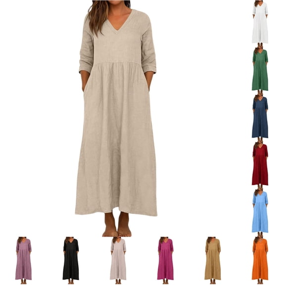 XIAONU Womens Loose Maxi Dress V Neck Three Quarter Sleeve Pocket Casual Vacation Dress