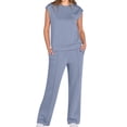 thumbnail image 1 of Traje Informal de Dos Piezas para Mujer, Cuello Alto, Pantalones Anchos, Ideal para Vacaciones y Viajes Azul M, 1 of 10