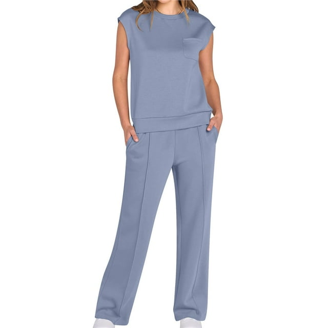 Traje Informal de Dos Piezas para Mujer, Cuello Alto, Pantalones Anchos, Ideal para Vacaciones y Viajes Azul M