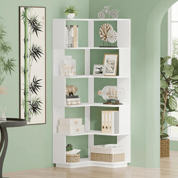 L-Shaped Corner Bookshelf, 6-Tier Anti-Falling Baffle Design, Modern Storage for Living Room, Bedroom, Office