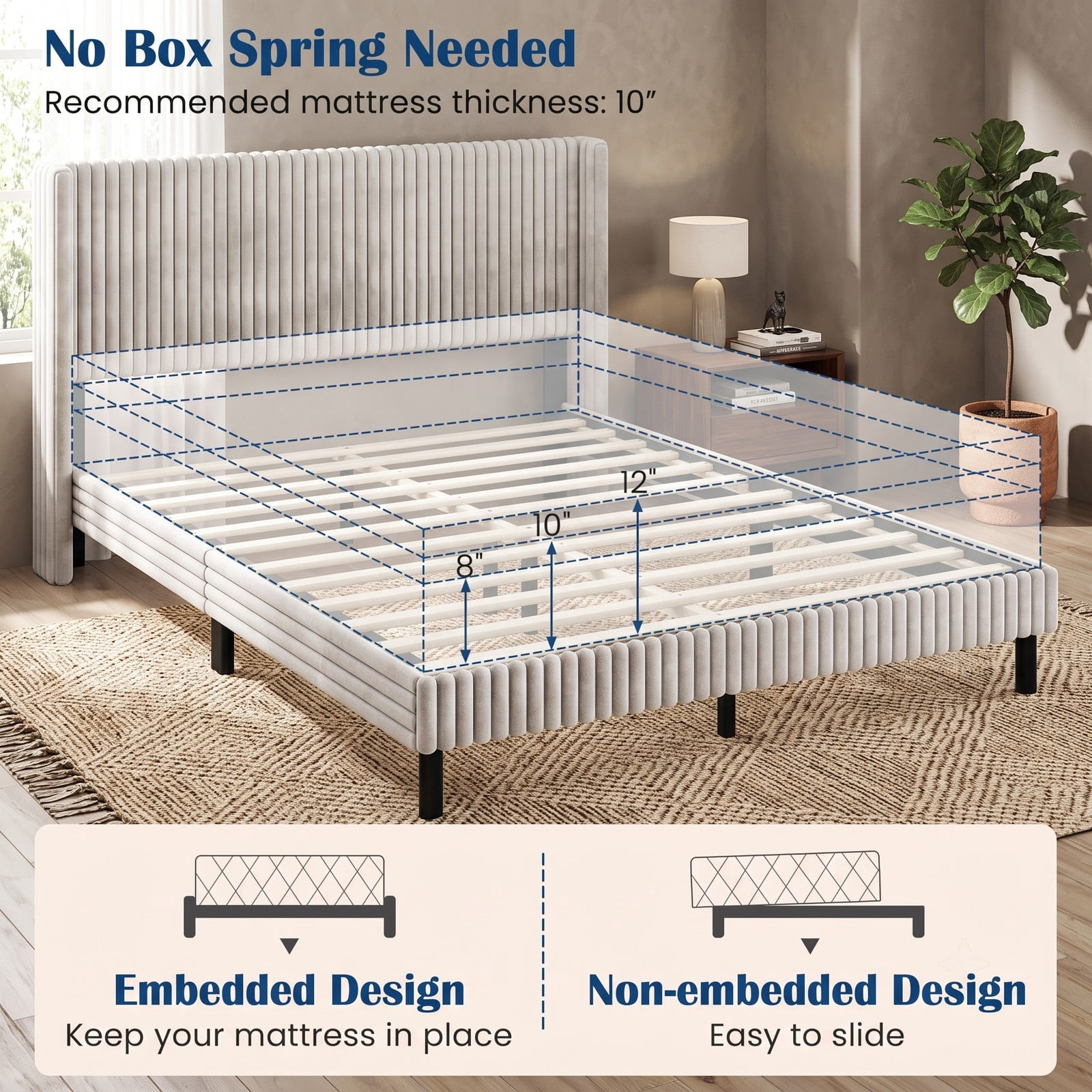 Furnibear Queen Bed Frame with Headboard, Velvet Upholstered Platform Bed with Vertical Channel Tufted Wingback Headboard, White