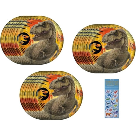 Jurassic World Birthday Party Supplies Bundle Pack - 24 Dessert Cake Paper Plates and 1 Dinosaur Sticker Sheet