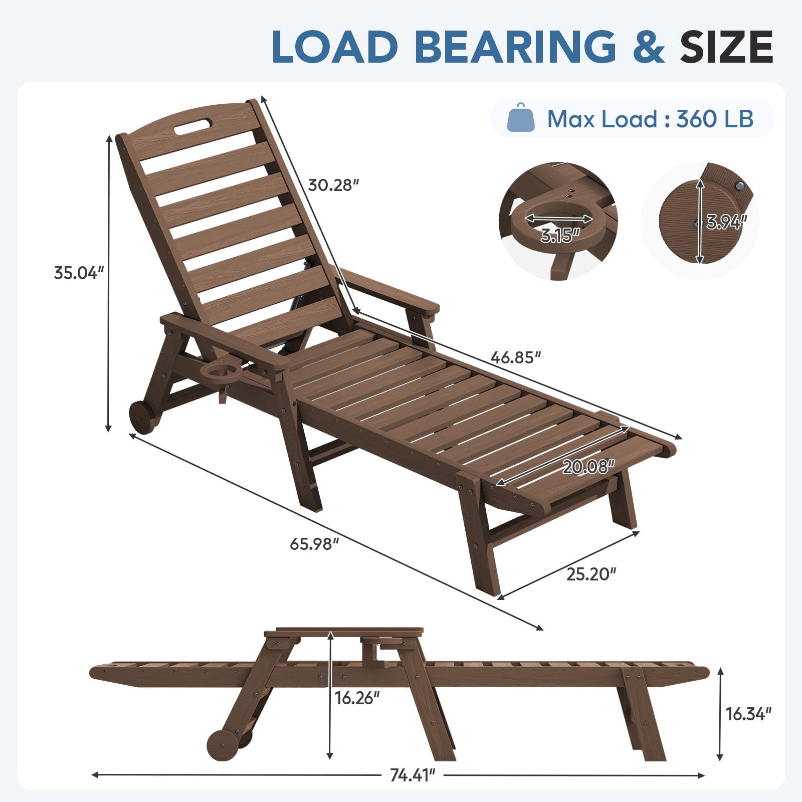 LOYALICE Adjustable Wheeled HDPE Plastic Outdoor Patio Lounge Chair W/ Cup Holder,78.3"x25.1"x16.3", Brown