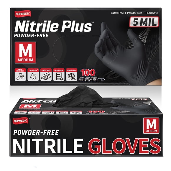 Guantes médicos desechables Supmedic de nitrilo negro, 5 mil, 100 unidades