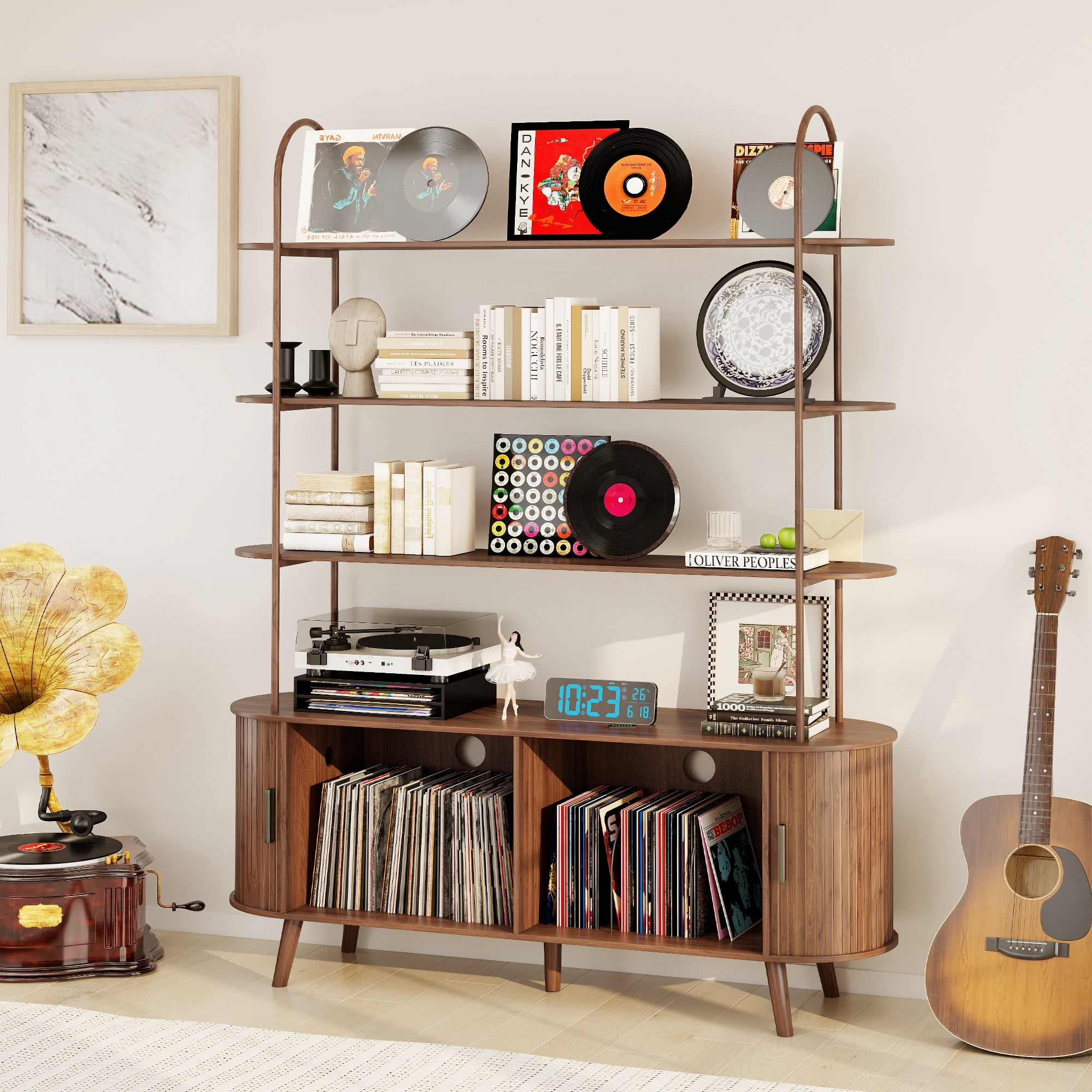 Tall Large Mid Century Modern Bookshelf with with Sliding Tambour Doors, 4-Tier Open Display Storage Shelf, Vinyl Record Player Stand for Home Office, Living Room, Walnut