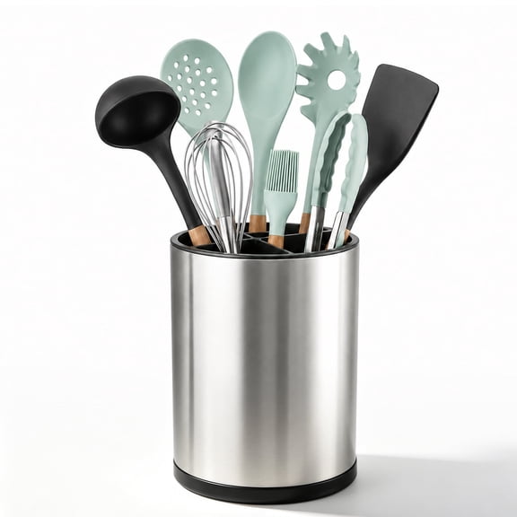 Large 360° Rotating Kitchen Utensil Holder, Countertop Stainless Steel Organizer, Utensil Crock with 3 Compartments, Spatula Holder & Removable Base