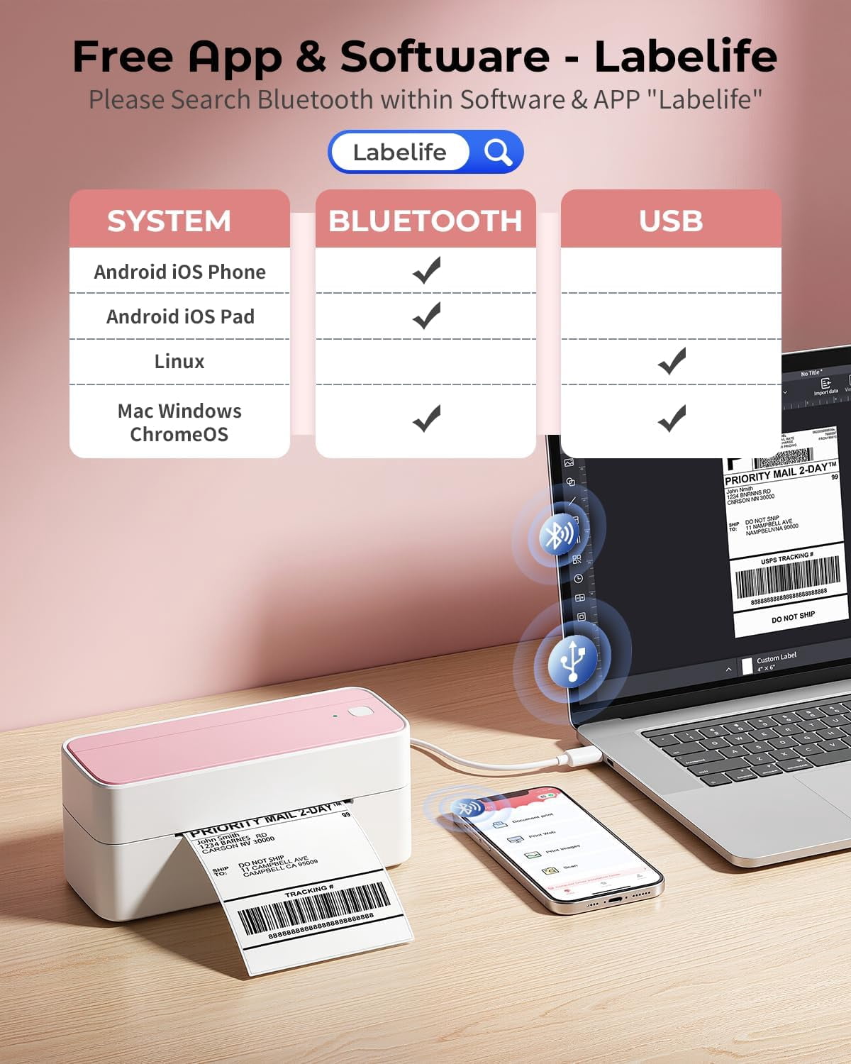 Wuduguer Shipping Label Printer - 241BT 4X6 Wireless Thermal Label Printer, Bluetooth Thermal Label Printers for Small Business, Compatible with iPhone, Android, Amazon, Shopify, UPS（Pink）