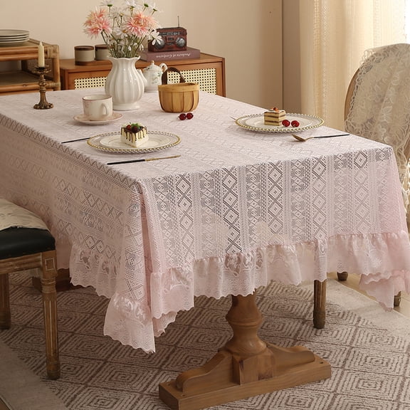 Zhuge 39.4x55.1" Pink Polyester Tablecloth with Ruffled Lace Embroidery, French Rustic Washable Table Cover for Home Gatherings & Christmas Celebrations, Style B