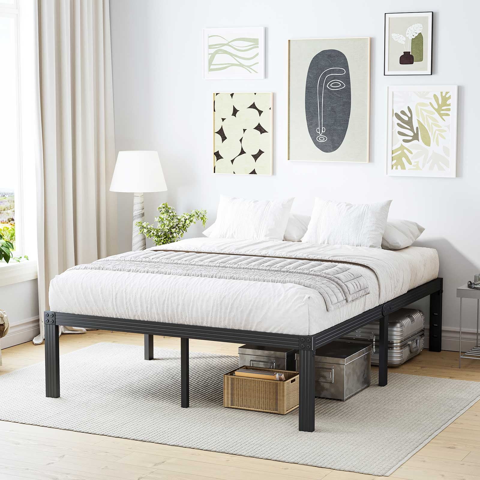 QFTIME 14 Black Queen Size Platform Metal Bed Frame with Easy Assemble Heavy Duty Steel Slats and Noise Free Design Walmart