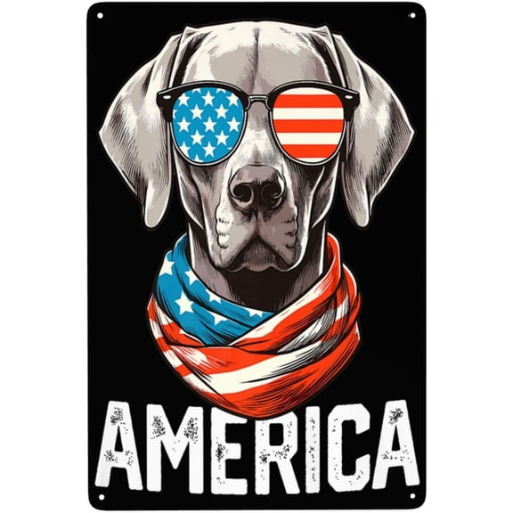 Weimaraner Dog American Flag Metal Tin Wall Sign, Vintage Retro Funny Iron Hanging Decor for Coffee Bar and Home, 8 x 12 Inch