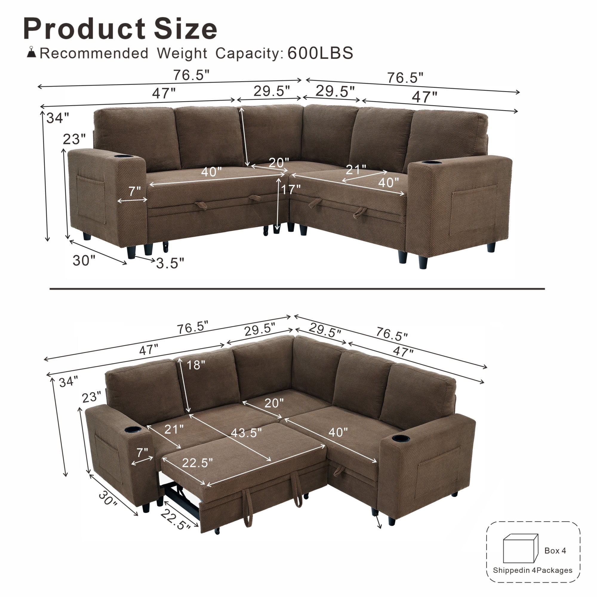 BSHTI 76.5" Polyester L-Shaped Sectional Sofa Bed with Hidden Storage, Cup Holders, Side Pockets, Pull-Out Design for Living Room(Coffee)