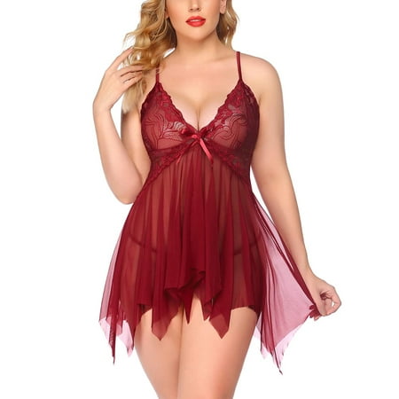 Zenbriele Womens Plus Size Lingerie Lace Babydoll V Neck Sexy Strap Chemise Mesh Sleepwear