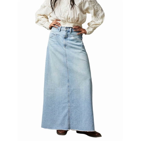 Women Raw Hem A-Line Jean Skirt Casual Y2K Fashion High Waisted Long Denim Maxi Skirt with Pockets Light Blue S