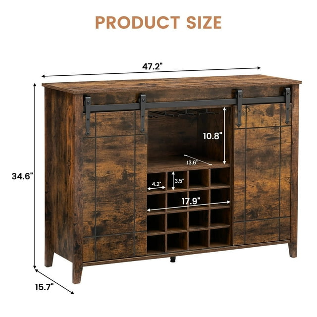 EDTara Coffee Bar Cabinet,47" w/16 Wine Glass Rack, Storage Shelves Farmhouse Wine Bar Sideboard w/Sliding Barn Door Kitchen Buffet Cabinet w/Storage Shelves for Dining Room