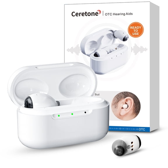 Ceretone Style Discreet Cleared OTC ITE Hearing Aids with Wide Dynamic Range Compression, Charging Case, Universal Fit 1 Pair, White