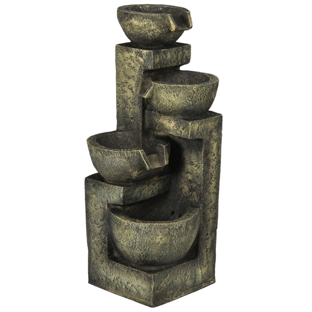Fontaine d'Eau Extérieure à 4 Niveaux, Cascade Aspect Pierre avec Lumières DEL et Débit Réglable, Décor de Jardin en Résine Résistant aux Intempéries pour Patio, Cour Arrière Ou Jardin Zen, Noir/jaune