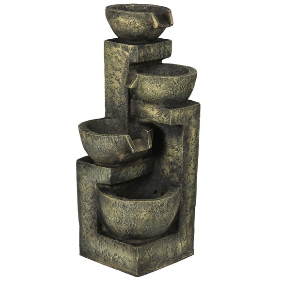 4-Tier Outdoor Water Fountain, Stone Look Cascading Waterfall with LED Lights and Adjustable Flow, Weather-Resistant Resin Garden Decor for Patio, Backyard or Zen Garden, Black/Yellow