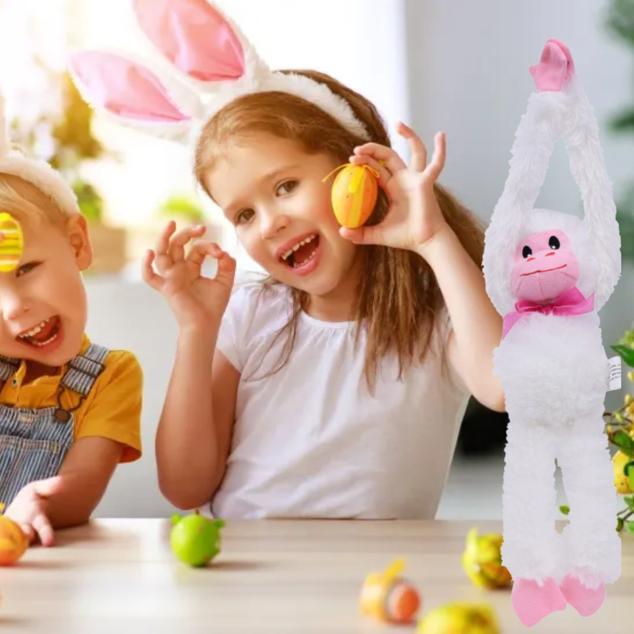(6) Happy Easter Plush Hanging Monkey 13.5 inches Animal Soft Plush Toy for Kids Girls Boys Spring Birthday Party Favor & Gift Basket Home Living Room Car Decor (White) & CUSTOM Storage Carrier